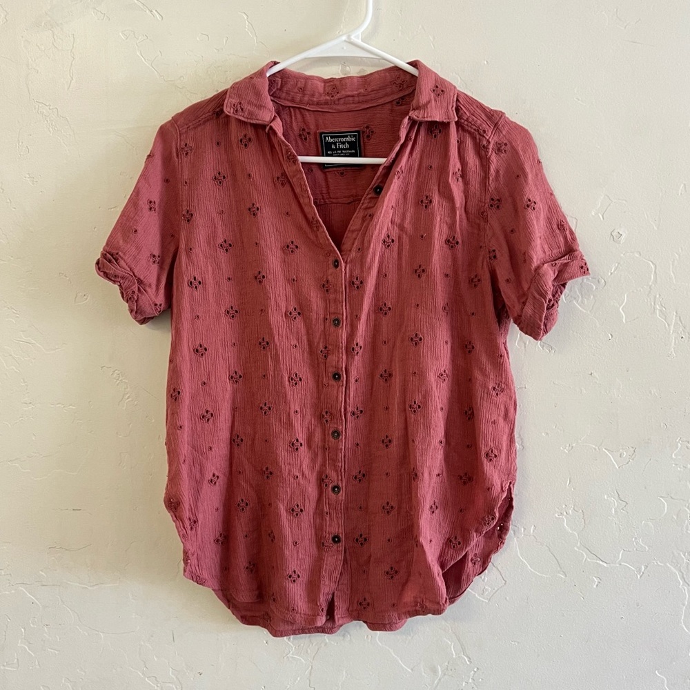 Abercrombie & Fitch Rust Eyelet Cutout Short Sleeve Button Down Shirt XS